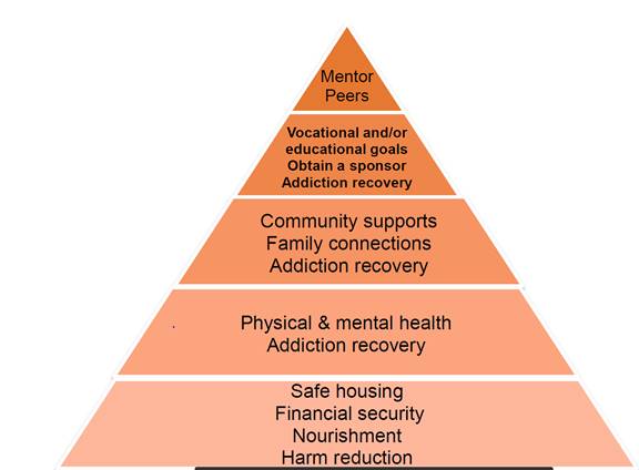 This figure (adapted from Abraham Maslow’s psychological theory of human motivation) depicts the order in which an individual’s needs must be met for them to recover from an addiction or substance use disorder. The first set of needs that must be met for addiction recovery include access to safe housing, financial security, nourishment and harm reduction. The second set of needs involves physical, mental health and addiction treatment. The third set of needs includes addiction recovery, family connections and community supports. The fourth set of needs focuses on obtaining a sponsor for addiction recovery and focusing on vocational and/or educational goals. In the last step, an individual in recovery can become a mentor or peer support to other individuals dealing with addictions.