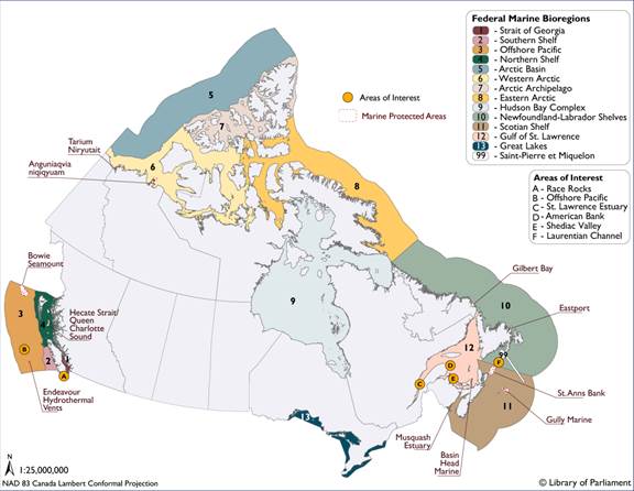 Map prepared by the Library of Parliament on 21 February 2018 showing the distribution of the 11 designated Oceans Act marine protected areas. These 11 marine protected areas conserve approximately 0.5% of Canada’s coastal and marine environment. The map also shows the location of six areas of interest identified by Fisheries and Oceans Canada as areas that contain ecologically sensitive habitat or species that need extra protection.