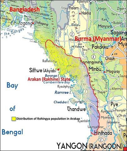 Carte de l’État du Rakhine, montrant la distribution de la population rohingya, avec carte en médaillon de la Birmanie
