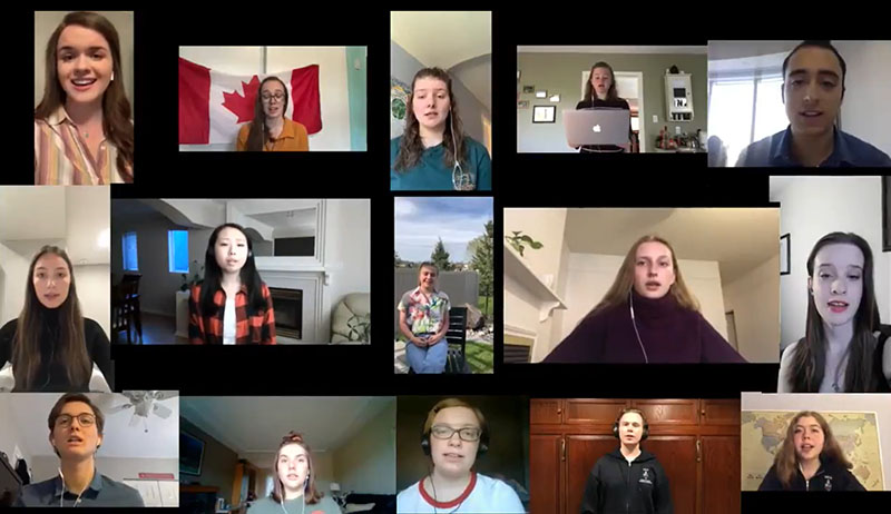 Photo of the pages singing O Canada virtually