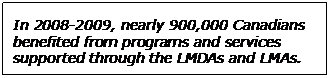 In 2008-2009, nearly 900,000 Canadians benefited from programs and services supported through the LMDAs and LMAs.