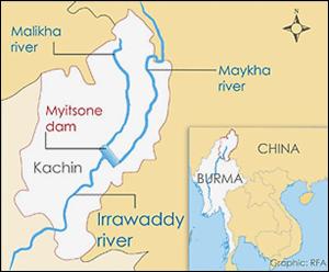 Carte du barrage de Myitsone dans l’État du Kachin, Birmanie
