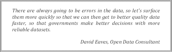 There are always going to be errors in the data, so let's surface them more quickly so that we can then get to better quality data faster, so that governments make better decisions with more reliable datasets.
David Eaves, Open Data Consultant
