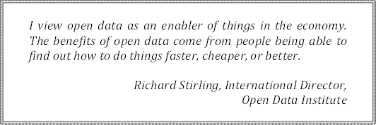 I view open data as an enabler of things in the economy. The benefits of open data come from people being able to find out how to do things faster, cheaper, or better.
Richard Stirling, International Director, 
Open Data Institute
