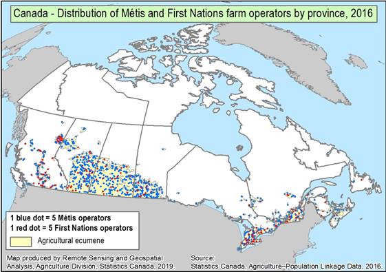 The map in Figure 1 shows the distribution of Métis and First Nations agricultural operators across Canada, by province, and compares this distribution to the agricultural ecumene, which consists of all areas where agriculture is possible. Métis and First Nations farm operators are present throughout the agricultural ecumene. They are more common in southern Alberta, Saskatchewan and Manitoba. There are also clusters of Métis and First Nations farm operators in central and northeastern British Columbia, in southern Ontario and along the St. Lawrence River in Quebec. The Atlantic provinces are home to fewer Métis and First Nations operators. Finally, there are more Métis operators than First Nations operators in every province, but the largest numbers of the latter live in British Columbia and Ontario.