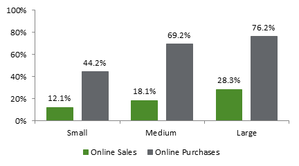 This figure shows the percentage of Canadian firms that sold and purchased online in 2013. The percentages are provided for three different categories of firm sizes. That year, 12.1%, and 44.2% of small Canadian firms made online sales and purchases, respectively; 18.1% and 69.2% of Canadian medium-sized firms made online sales and purchases, respectively; and 28.3% and 76.2% of large Canadian firms made online sales and purchases, respectively.