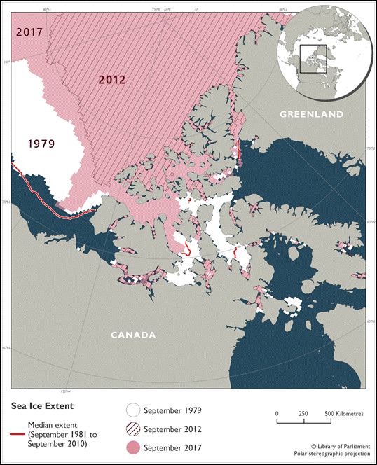 This map illustrates the circumpolar Arctic sea ice extent in September for three specific years: 1979, 2012 and 2017.  The maximum sea ice extent depicted is in September 1979, while the lowest sea ice extent was recorded in September 2012. In September 1979, sea ice covered the entire polar cap. It also surrounded all internal islands in the Canadian Arctic between the northern mainland of Nunavut to the west of Baffin Island, and extending along the east coast of Ellesmere Island to the north and east coasts of Greenland almost to the 70th parallel. Sea ice then continued north of Svalbard, Norway, and extended to the northern mainland of Russia. The ice did not reach the coastline of Yukon in Canada or Alaska in the United States. The sea ice extent in September 2012 was significantly reduced compared to that of 1979, and primarily centralized around the Pole above the 80th parallel. The sea ice extent in September 2017 did not reach Russia but did extend from Nunavut’s Ellesmere Island to Victoria Island. The median sea ice extent for September 1981 to September 2010 is also included in the map and shares similar boundaries with the 1979 extent, although it does not reach mainland Russia.