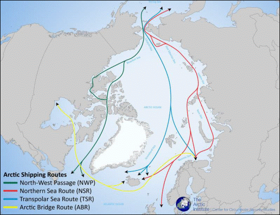 This image shows a map of the circumpolar Arctic. There are lines depicting possible shipping routes, including the Northwest Passage through the Canadian Arctic archipelago, the Northern Sea Route along Russia’s Arctic coast, and the Arctic Bridge Route between Northern Europe, Iceland and Canada’s Hudson’s Bay. Finally, the Transpolar Sea Route is depicted, which would cross through the Central Arctic Ocean from the Bering Strait to Northern Europe, Iceland and beyond.