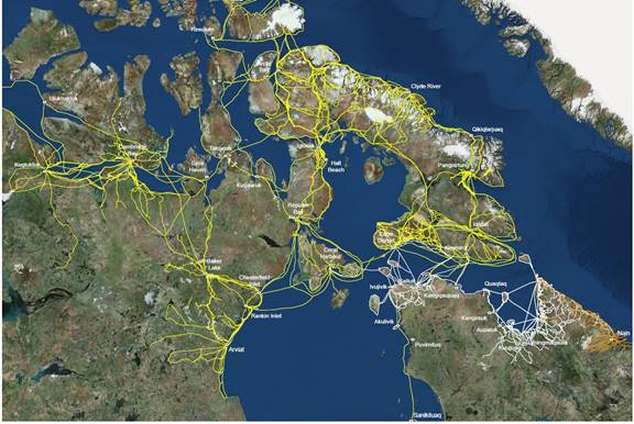 Figure 6 is a map depicting the network of Inuit trails in the Canadian Arctic. The routes include sled trails, summer land trails and boat routes. The trails criss-cross through Labrador, northern Quebec, Nunavut (including Baffin Island) and the northeastern edge of the Northwest Territories. The trails cross land and water.