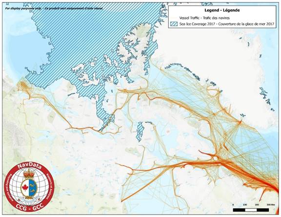 Figure 11 is an image of the Canadian Arctic. It shows vessel traffic density and average ice coverage for the 2017 summer icebreaking season (June to November). Higher density traffic is illustrated on an orange to red graduated scale, with red representing high density vessel traffic and orange representing low density vessel traffic. The image also depicts sea ice coverage, which extends over much of the western archipelago. 