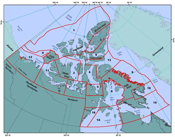 Figure 12 is a map depicting shipping safety control zones in the Canadian Arctic. The zones are assigned a number between 1 and 16; the lower the number, the more severe the ice conditions. For example, the maritime area that extends west from Ellesmere Island in the High Artic is Zone 1. The Amundsen Gulf in the Beaufort Sea near the coastline of the Yukon and the Northwest Territories is Zone 12. The small maritime area in between those zones – off the western coast of Banks Island – is Zone 4.