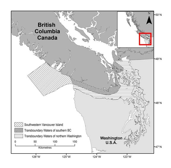 The map shows the boundaries of current Southern Resident Killer Whale critical habitat in the transboundary waters of southern BC and northern Washington, and of proposed Southern Resident Killer Whale critical habitat off Southwestern Vancouver Island. Critical habitat for Southern Resident Killer Whales is identified as the transboundary waters in southern British Columbia, including the southern Strait of Georgia, Haro Strait and Juan de Fuca Strait.