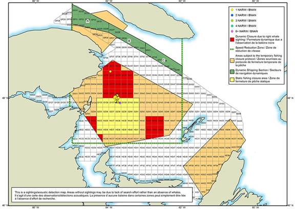 The map identifies the new grid temporary closures in the Southern Gulf of St. Lawrence due to the presence of North Atlantic right whales on 13 August 2018. The coordinates representing the contour of the grids GU36 (portion), GU37 (portion) and GU38 (portion).