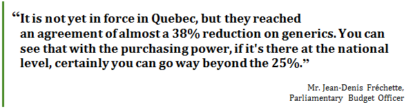 “It is not yet in force in Quebec, but they reached 
an agreement of almost a 38% reduction on generics. You can see that with the purchasing power, if it's there at the national level, certainly you can go way beyond the 25%.”
Mr. Jean-Denis Fréchette, 
Parliamentary Budget Officer
 - Title: Quote - Description: “It is not yet in force in Quebec, but they reached 
an agreement of almost a 38% reduction on generics. You can see that with the purchasing power, if it's there at the national level, certainly you can go way beyond the 25%.”
Mr. Jean-Denis Fréchette, Parliamentary Budget Officer
