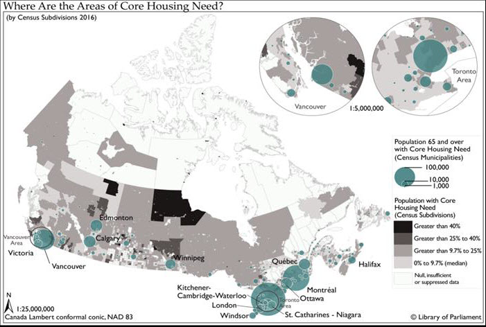 Figure 2.6: Core Housing Need,Source:	Map prepared by Library of Parliament, 2017, using data from Statistics Canada. 2016 Census of Canada. Census Profile Tables. Using CHASS (accessed November 2017); Statistics Canada. 2016 Census – Boundary files. Ottawa: Statistics Canada, 2016; Statistics Canada and Canada Mortgage and Housing Corporation. 2016 Census of Canada. Core Housing Need. Ottawa: Statistics Canada, 2016; and Statistics Canada. 2016 Census of Canada. Data Table: Housing, Catalogue no. 98-400-X2016234. The following software was used: Esri, ArcGIS, version 10.3.1. Contains information licensed under Statistics Canada Open Licence Agreement.
