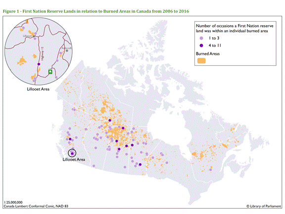 Title: First Nation Reserve Lands in relation to Burned Areas in Canada from 2006 to 2016 - Description: This map illustrates First Nation reserve lands that were within a burned area in Canada between 2006 and 2016. During these 10 years, there were 75 First Nations with reserve lands that fell within a burned area. Each First Nation is represented by a dot. Light purple dots represent First Nation reserve lands that fell 1 to 3 times within an individual burned area, while dark purple dots represent lands that fell 4 to 11 times within an individual burned area between 2006 and 2016.  
The map also depicts the spread of all burned areas in Canada from 2006 to 2016. 

Burned areas are identified by NRCan, the Canadian Forest Service and the Canada Centre for Mapping and Earth Observation in The Fire Monitoring, Accounting and Reporting System (FireMARS). They are mapped nationally on an annual basis through the integration of data from fine and coarse spatial resolution satellite data with provincial/territorial agencies. 
Only individual burned areas with a minimum surface of 200 hectares are used in the analysis as, according to the Canadian National Fire Database (CNFDB), they account for more than 97% of area burned. 

The burned areas range from partially burned areas (1%-25%) to fully burned areas (76%-100%). 