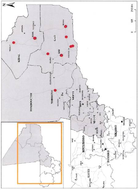 The main focus of the map is Mali, with an indication of the location of terrorist incidents that occurred in 2013. The area of conflict in the country is shown within the northern regions of Tombouctou, Kidal, and Gao.