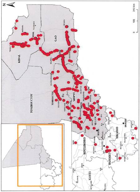 The main focus of the map is Mali, with an indication of the location of terrorist incidents that occurred between 2013 and 2017. The areas of conflict in the country are shown within the northern and central regions of Tombouctou, Kidal, Gao, Mopti and Segou. According to the map, while most of the terrorist incidents occurred in Mali’s north (Tombouctou, Kidal and Gao), the number of incidents in the central region (Mopti and Segou) increased over time. The map also shows the terrorist incidents that occurred in southern Mali over the 2013 to 2017 period.