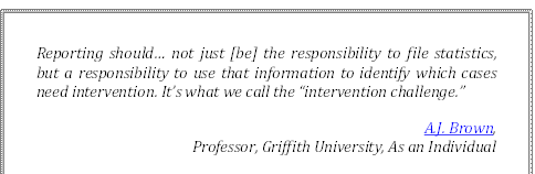 Reporting should… not just [be] the responsibility to file statistics, but a responsibility to use that information to identify which cases need intervention. It’s what we call the “intervention challenge.”
A.J. Brown, 
Professor, Griffith University, As an Individual
