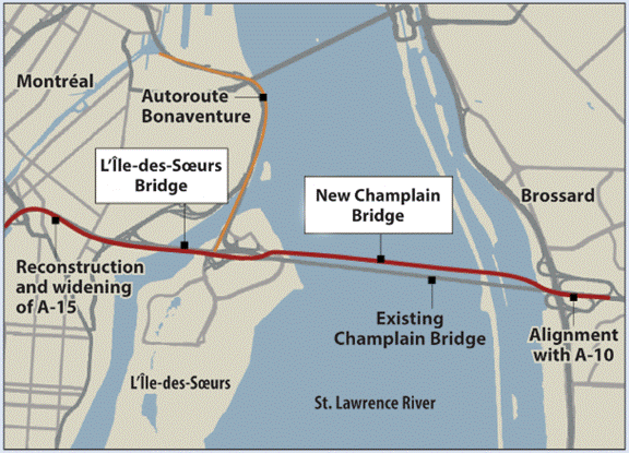 This map shows the locations of the existing Champlain Bridge, the new Champlain Bridge, and the L’Île-des-Soeurs Bridge over the St. Lawrence River. Montréal and Autoroute Bonaventure are identified on the Island of Montréal to the north of the Champlain Bridge and west of the St. Lawrence River. The Autoroute Bonaventure connects with the Champlain Bridge on L’Île-des-Soeurs further to the south. Also further south on the Island of Montréal and connected to L’Île-des-Soeurs by the L’Île-des-Soeurs Bridge is the area of planned reconstruction and widening of the A-15 highway. Brossard is identified to the east of the St. Lawrence River, north of where the new Champlain Bridge will align with the A-10 highway.