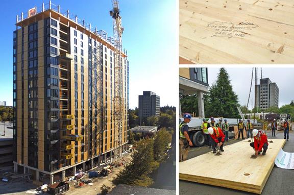 These three images depict the construction of the Brock Commons student residence at the University of British Columbia. To the left, the main image shows the 18-storey wood building. To the right, two smaller images include a wood panel and construction workers attaching the panel to be lifted up by a crane. 