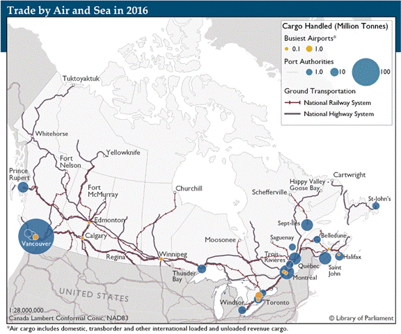 Title: Alt-Text Map 1: - Description: This map illustrates Canada's trade by air and sea in 2016 using proportional circles to represent the tonnes of cargo handled that year according to the Transportation in Canada Statistical Addendum 2017.  Toronto was the busiest airport, handling nearly four hundred thousand tonnes of cargo in 2016, closely followed by Vancouver handling nearly two hundred and fifty thousand tonnes.  Ports handle vastly greater amounts than airports.  Toronto airport handles only a fraction of the one hundred and thirty-five million tonnes handled by the port of Vancouver, Canada's largest port. The St. Lawrence seaway ports of Montréal, Québec City, Trois-Rivières and Sept-Îles are quite significant but handle less than forty million tonnes each. Saint John, New Brunswick is also a significant port.