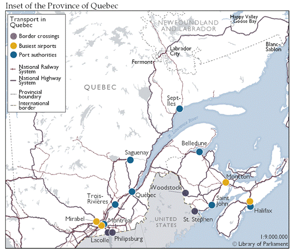 This map highlights major components in the Province of Quebec`s transportation network handling the most trade. The busiest airports handling cargo are in Montreal and Mirabel, while the main border crossings are at Lacolle and Philipsburg along the border with the United States.  Several port authorities support shipping in Montreal, Trois-Rivières, the city of Québec, Saguenay and in Sept-Îles in the northern St. Lawrence.