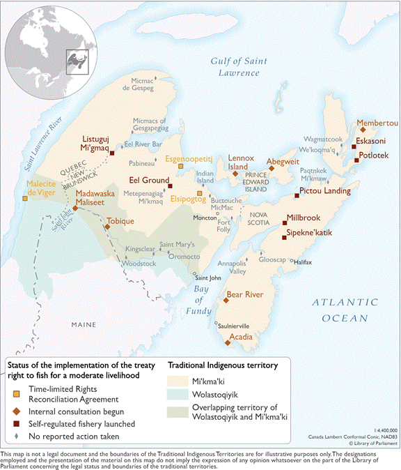 This map illustrates the status of the implementation of the Mi’kmaw and Wolastoqiyik (Maliseet) treaty right to fish in pursuit of a moderate livelihood. First Nations where a time-limited rights reconciliation agreement has been reached is depicted by a light orange square with a dark outline. First Nations where internal consultations have begun on launching a self-regulated moderate livelihood fishery are depicted by a 45° rotated orange square. First Nations that have launched a self-regulated moderate livelihood fishery are depicted by a dark burgundy square. First Nations where no reported action has been taken are depicted by a light grey diamond.
The map also illustrates the traditional Indigenous territories of Mi’kma’ki in a yellow-beige and Wolastoqiyik in a light blue-green.