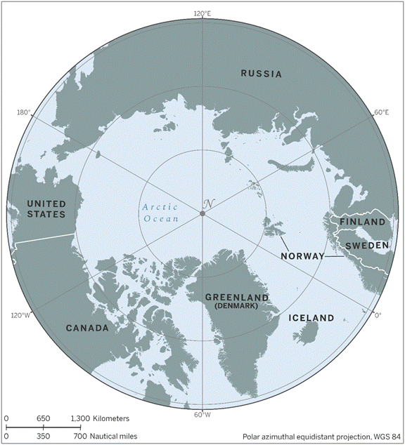 This circumpolar map displays the Arctic Ocean and eight Arctic States: Canada, Greenland (Denmark), Finland, Iceland, Norway, Russia, Sweden and the United States.