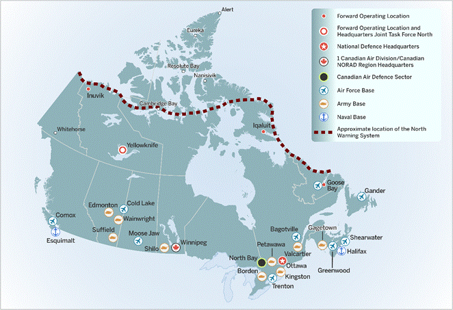 The map displays National Defence Headquarters in Ottawa and the Canadian Armed Forces’ key army, naval and air force bases in southern Canada. The map also depicts key military facilities in the Arctic, which includes the location of the four Forward Operating Locations, the headquarters Joint Task Force North in Yellowknife, the approximate location of the North Warning System radar chain and other military sites like Alert, Eureka, Resolute Bay, Nanisivik and Cambridge Bay. In addition, the map also shows the location of key Canadian NORAD Region facilities in Canada, including 1 Canadian Air Division/Canadian NORAD Region Headquarters in Winnipeg and the Canadian Air Defence Sector in North Bay.