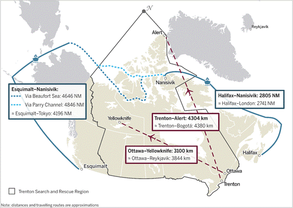 This map shows the approximate distances to be traveled between military sites in southern Canada and select military locations in the Canadian Arctic, by aircraft or ship. In addition, this graphic compares those distances with travel distances to select cities around the world from the same military sites in southern Canada. The map also shows the Trenton Search and Rescue Region’s area of responsibility, which includes most of the Canadian Arctic region