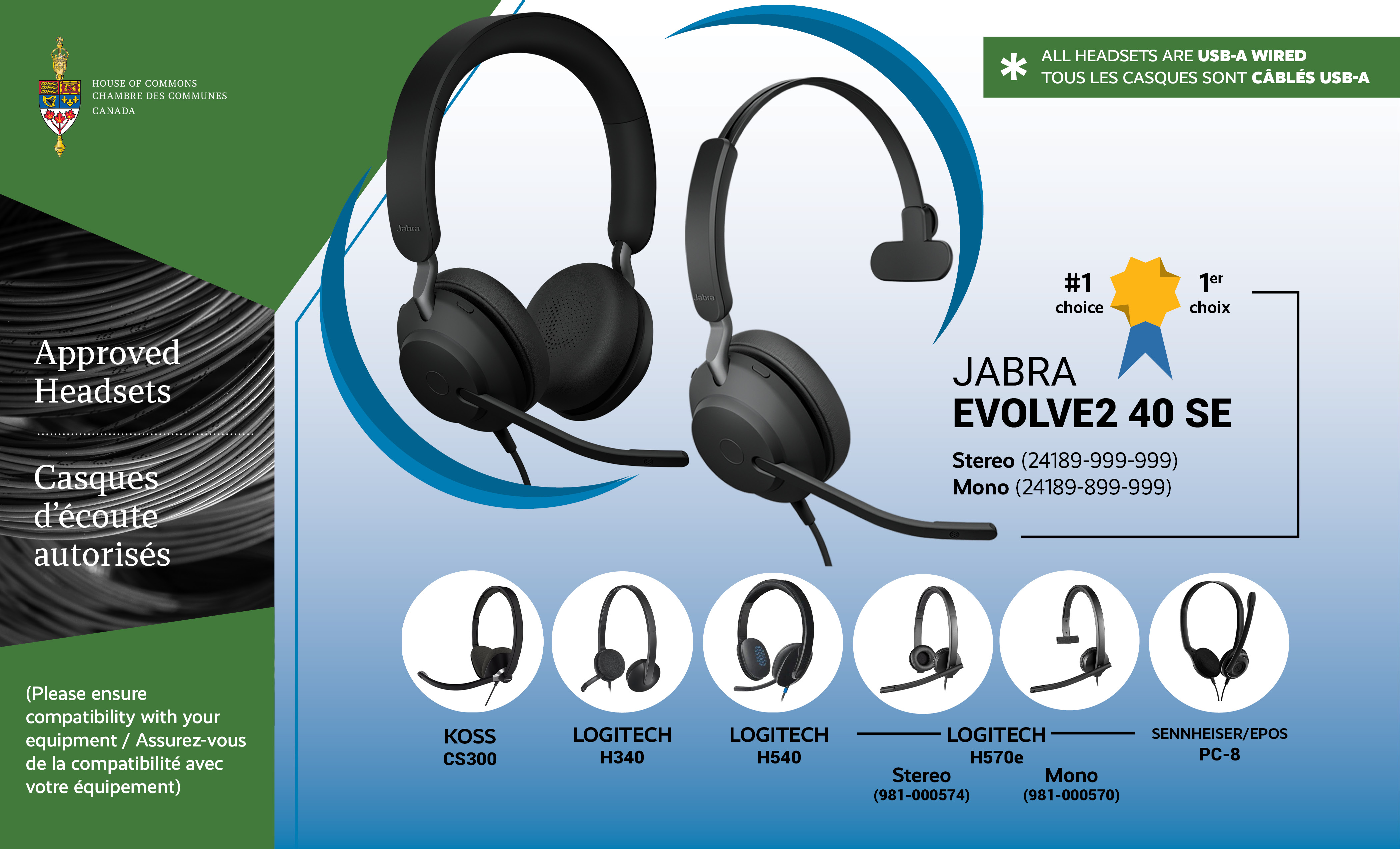 This graphic lists the six pre-approved headsets that can be used for appearances before committee meetings. The number one choice is the Jabra Evolve2 40. The other choices are the following: Sennheiser/EPOS PC-8 USB, Logitech zone wired, Koss CS100, Koss CS300, Logitech H340. All headsets are USB-A wired.