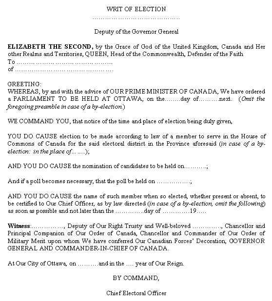 Image of the text of a Writ of Election