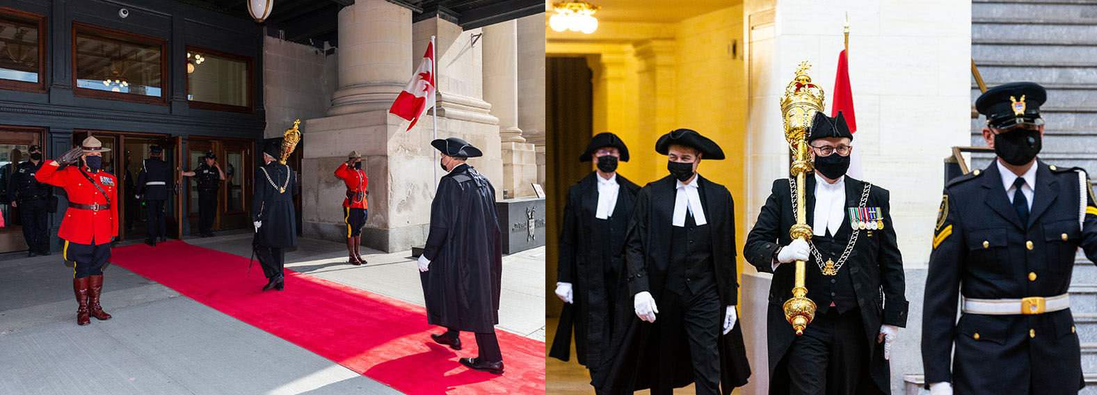 Photo of the Sergeant-at-Arms (bearing the Mace) and the Speaker arriving at the Senate Building for the reading of the Speech from the Throne