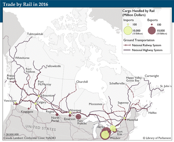 Title: Alt-Text Map 2: - Description: This map illustrates Canada's trade by rail in 2016 using proportional circles to represent the amount in millions of dollars of imports at ports of clearance and exports at ports of exit that year, according to the Transportation in Canada Statistical Addendum 2017.  Southern Ontario dominates the transfer of goods by rail.  While roughly 20 billion dollars of exports crossed at both Windsor and Sarnia respectively, fifteen billion exited through Windsor and only four billion through Sarnia.  Fort Frances is a significant port of exit for rail cargo, having accounted for slightly more than ten billion in 2016.
