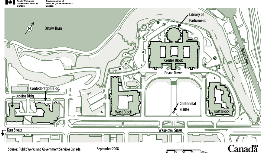 Image depicting a map of the buildings of Parliament Hill. From West to East, we find the Justice Building, the Confederation Building, the West Block, the Centre Block with its Peace Tower and Library of Parliament, and the East Block.