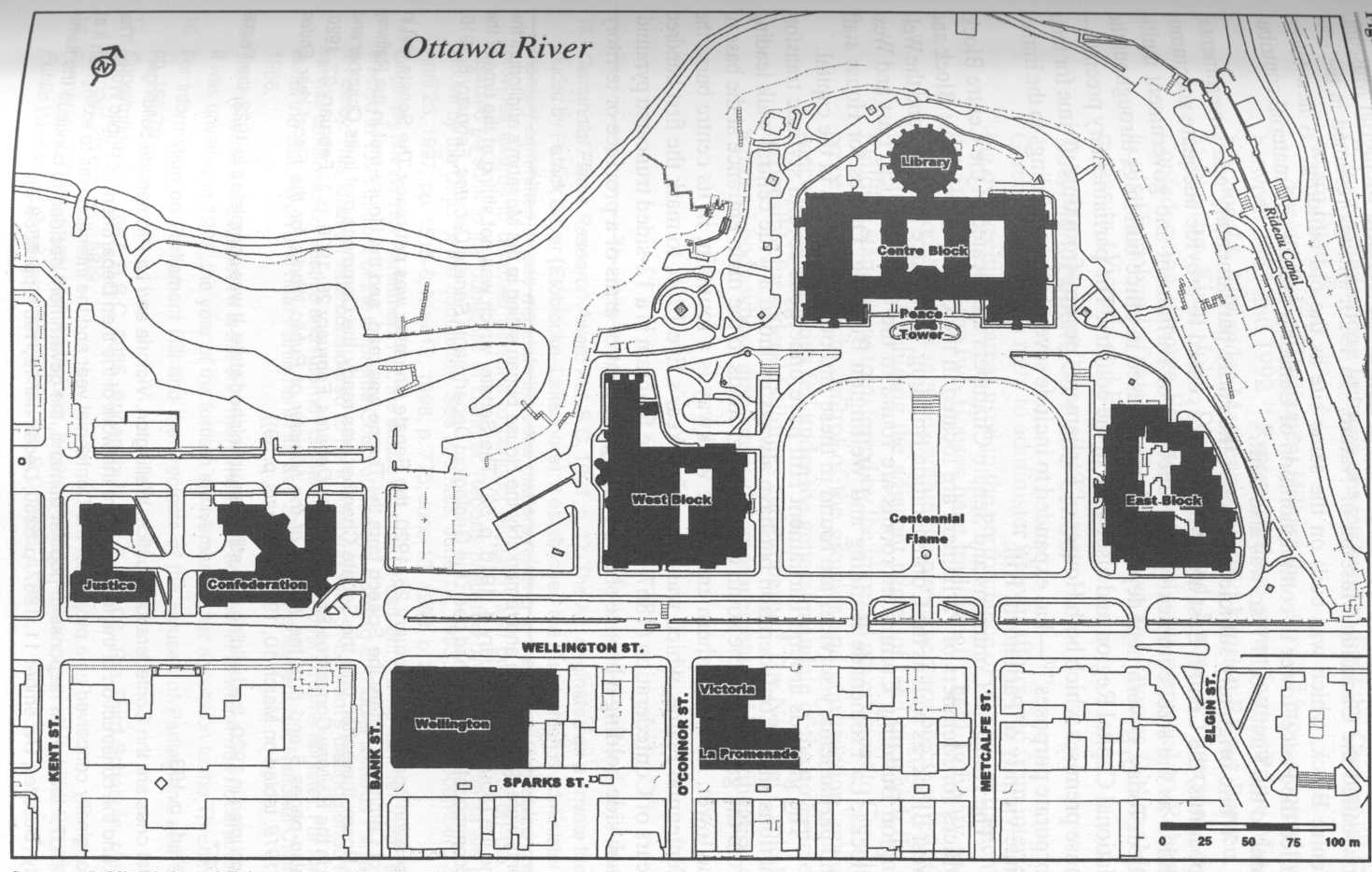 Image depicting a map of the buildings in and area around the Parliamentary Precinct. To the left of the image (at the West side of the Precinct) are the Justice and Confederation Buildings, bordered on the South by Wellington Street and on the North by a hill leading down to the Ottawa River. To the right of these buildings on the image (slightly to the East) are the West Block the Centre Block and East Block. These too are bordered by Wellington Street and the Ottawa River. To the south of Wellington Street, along the bottom of the image, are the Wellington Building, bordered by Bank and Wellington Streets; the Victoria Building, at the corner of O’Connor and Wellington Streets; and La Promenade Building, found at the corner of O’Connor and Sparks Streets.